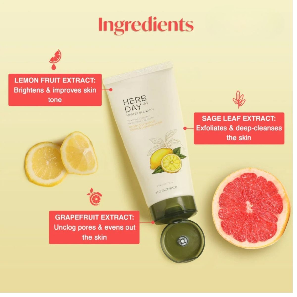 THE FACE SHOP Herb Day 365 Facial Foaming Cleanser - Mung Bean, Aloe Green Tea, Lemon Grapefruit