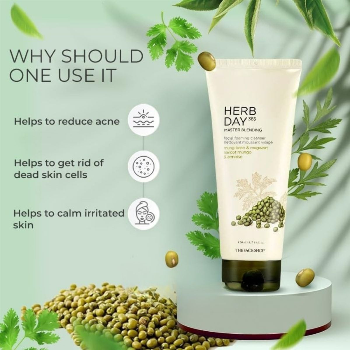 THE FACE SHOP Herb Day 365 Facial Foaming Cleanser - Mung Bean, Aloe Green Tea, Lemon Grapefruit