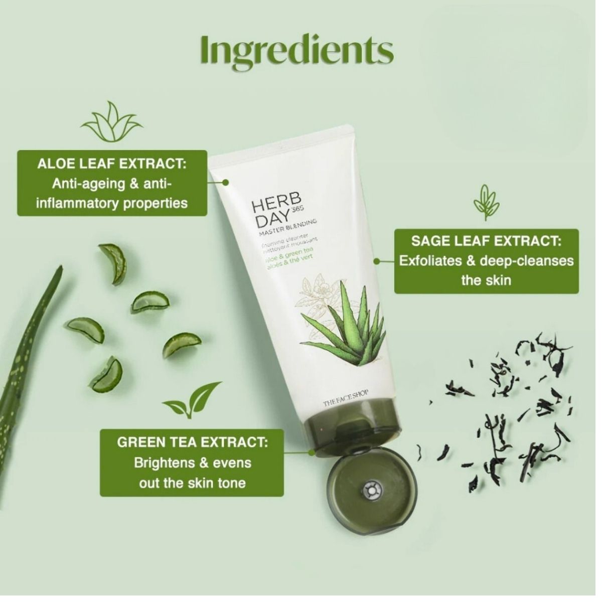 THE FACE SHOP Herb Day 365 Facial Foaming Cleanser - Mung Bean, Aloe Green Tea, Lemon Grapefruit