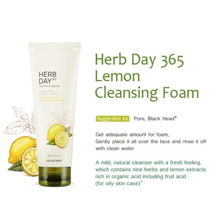 THE FACE SHOP Herb Day 365 Facial Foaming Cleanser - Mung Bean, Aloe Green Tea, Lemon Grapefruit