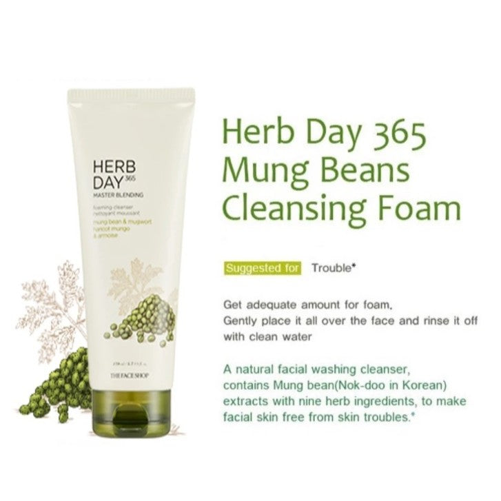 THE FACE SHOP Herb Day 365 Facial Foaming Cleanser - Mung Bean, Aloe Green Tea, Lemon Grapefruit
