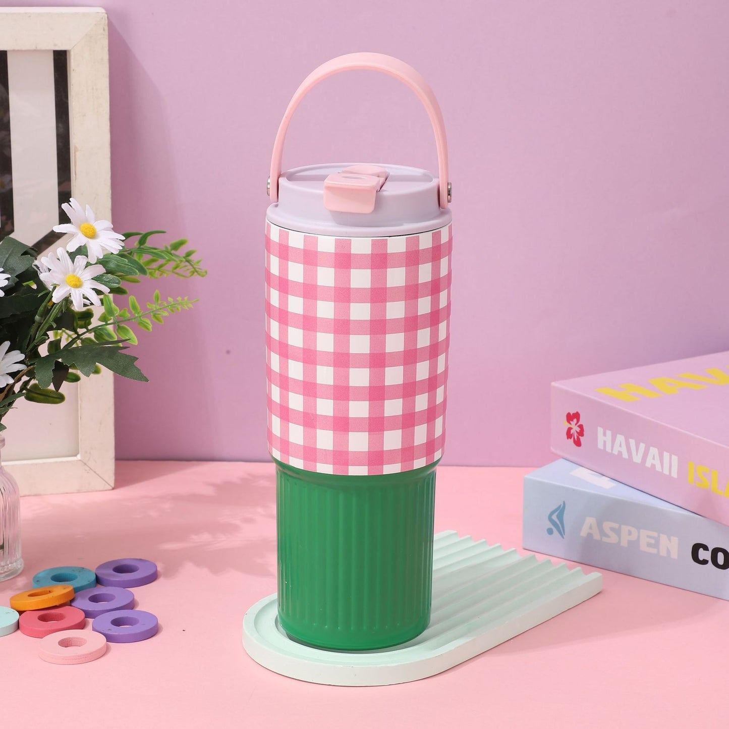 Color Pop Gingham Water Tumbler with Handle β Stainless Steel, 30oz