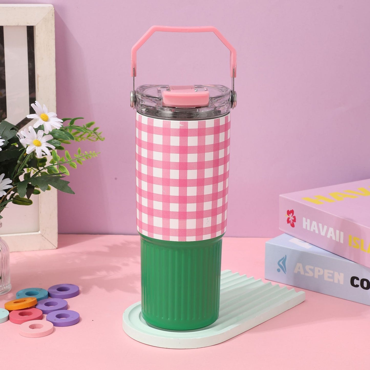 Color Pop Gingham Water Tumbler with Handle β Stainless Steel, 30oz