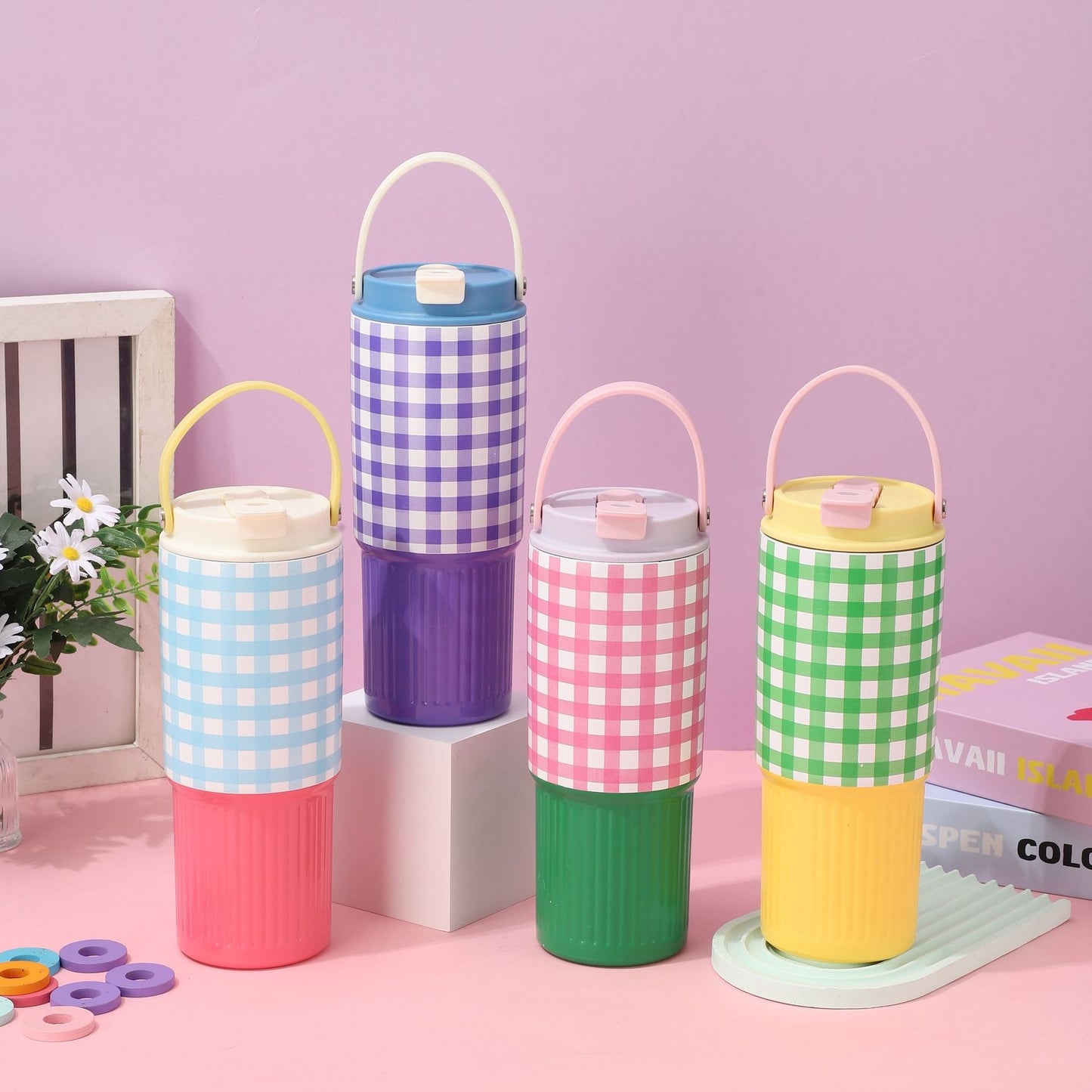 Color Pop Gingham Water Tumbler with Handle β Stainless Steel, 30oz