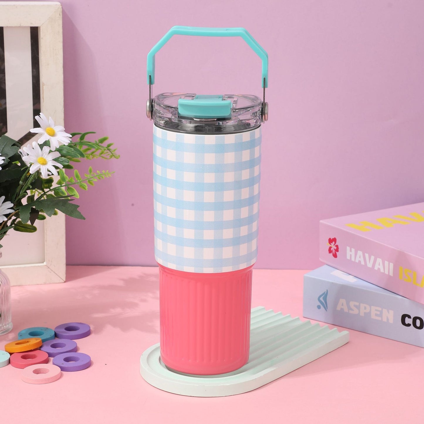 Color Pop Gingham Water Tumbler with Handle β Stainless Steel, 30oz