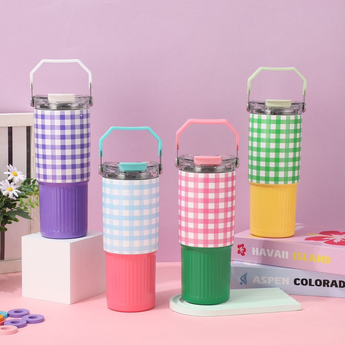 Color Pop Gingham Water Tumbler with Handle β Stainless Steel, 30oz