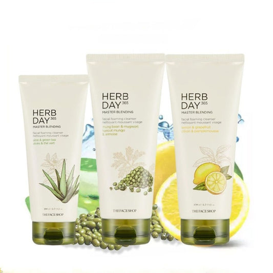 THE FACE SHOP Herb Day 365 Facial Foaming Cleanser - Mung Bean, Aloe Green Tea, Lemon Grapefruit