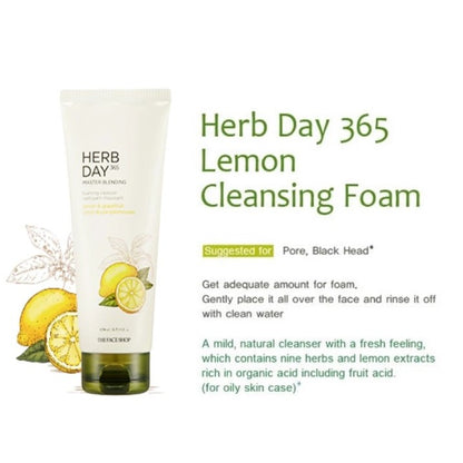 THE FACE SHOP Herb Day 365 Facial Foaming Cleanser - Mung Bean, Aloe Green Tea, Lemon Grapefruit